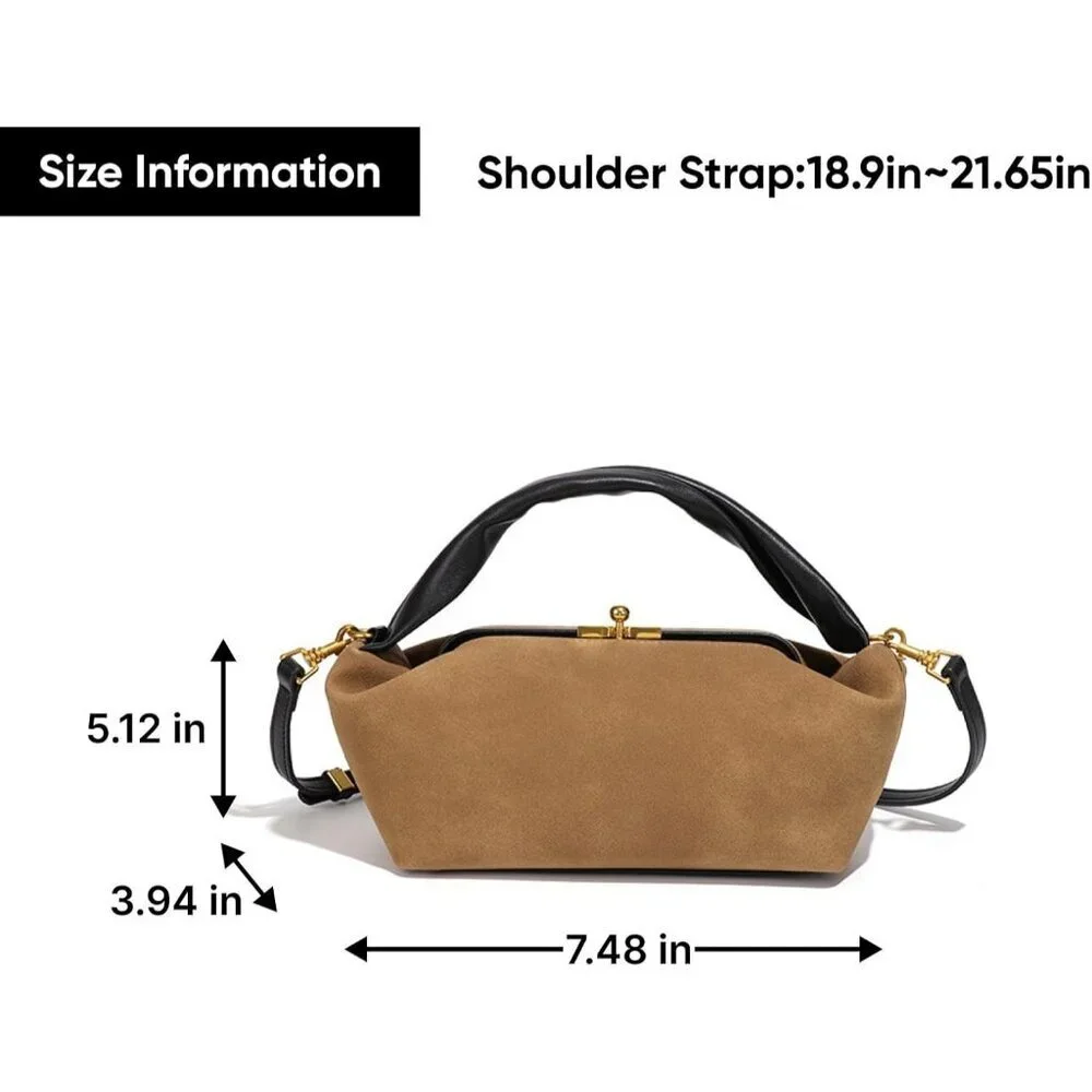 Women's Khaki Faux Suede Vintage Slouchy Soft Satchel Kiss Lock Hobo Handbag
